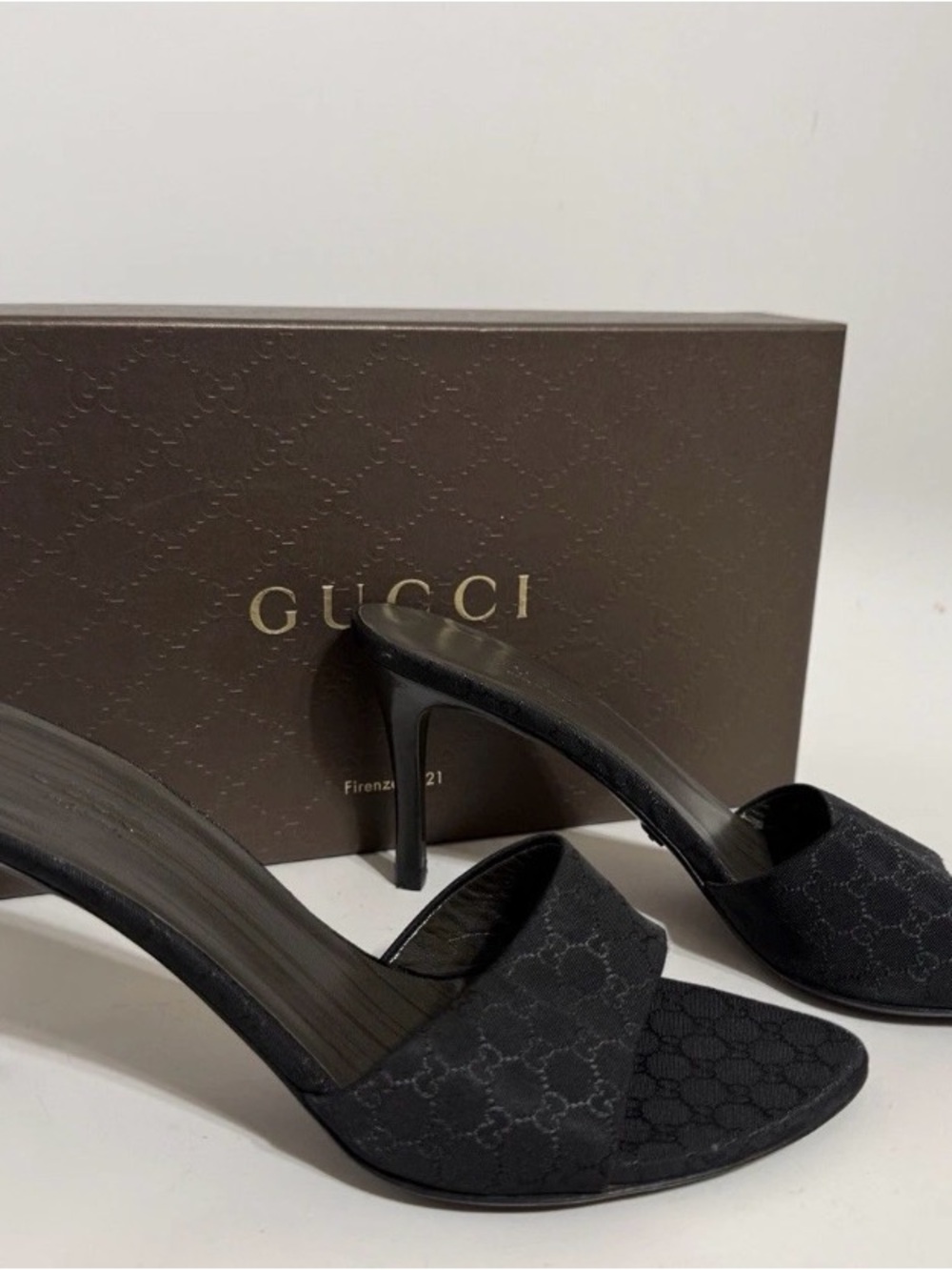 Gucci Black Monogram Slip-On Stiletto Mules